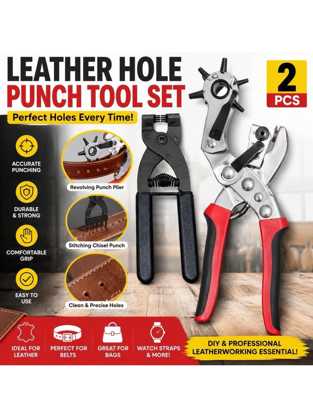 Leather Hole Punch Tool Set Revolving Punch Pliers Stitching Chisel Kit